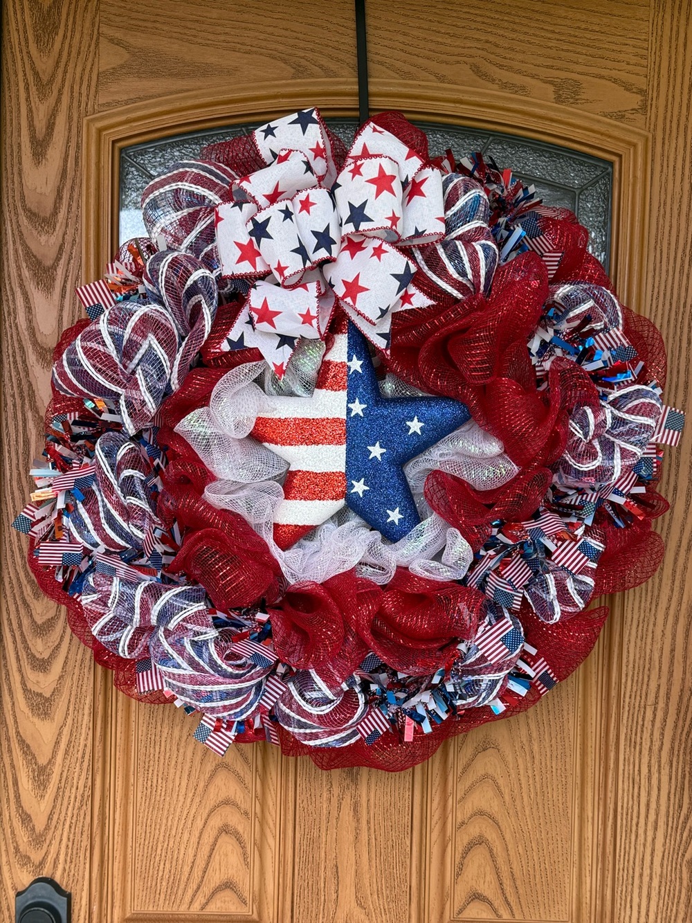 Handmade Patriotic Red, White & Blue with Star Deco Mesh Holiday Wreath
